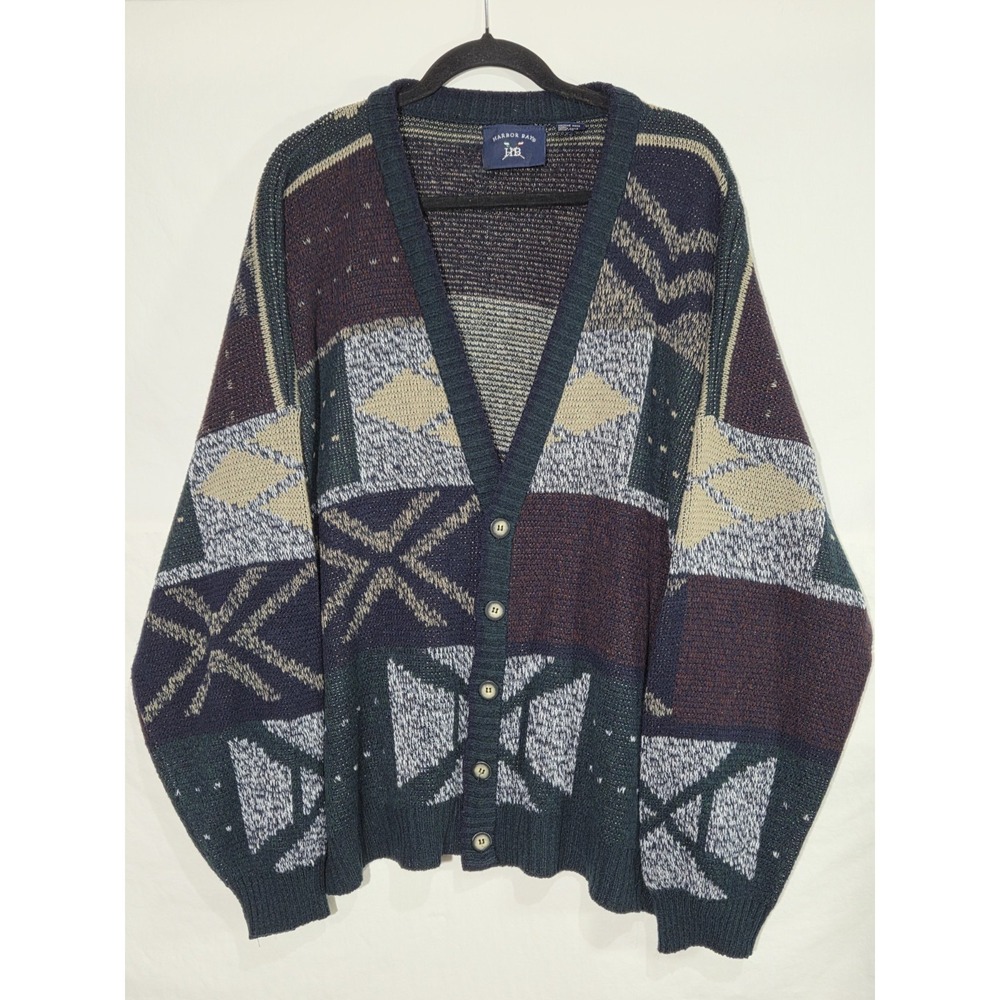 Vintage Harbor Bay Cardigan Sweater 3X Geometric Grandpa Cosby Y2K Coastal Vibe